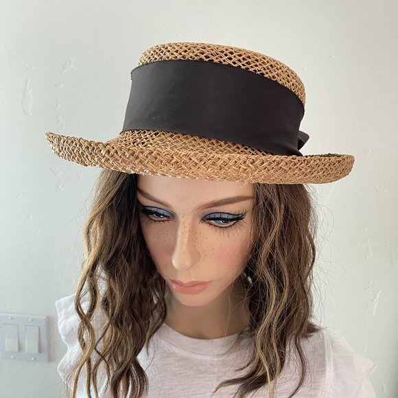 Vintage Accessories Vintage Straw Hat With Black Cotton Ribbon